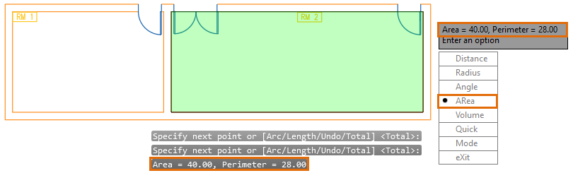 The calculated area is displayed in the command wi