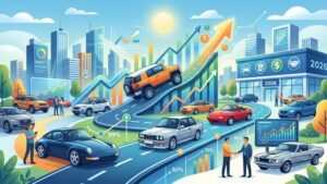 Современная иллюстрация старых автомобилей на фоне графиков роста стоимости для статьи о трендах рынка